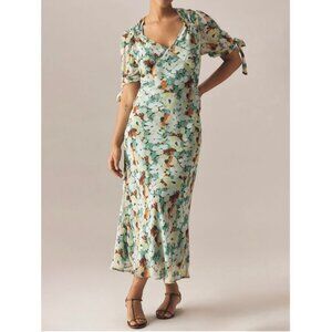 Anthropologie Short-Sleeve V-Neck Slip Midi Dress Size 2XL Floral Green